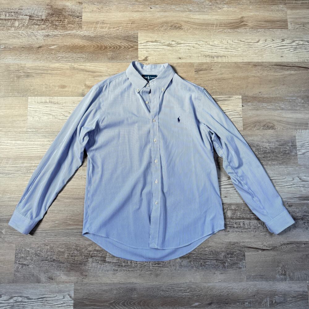 Ralph Lauren Custom Fit Blue Stripe Cotton Button Down Shirt Preppy Old Money M